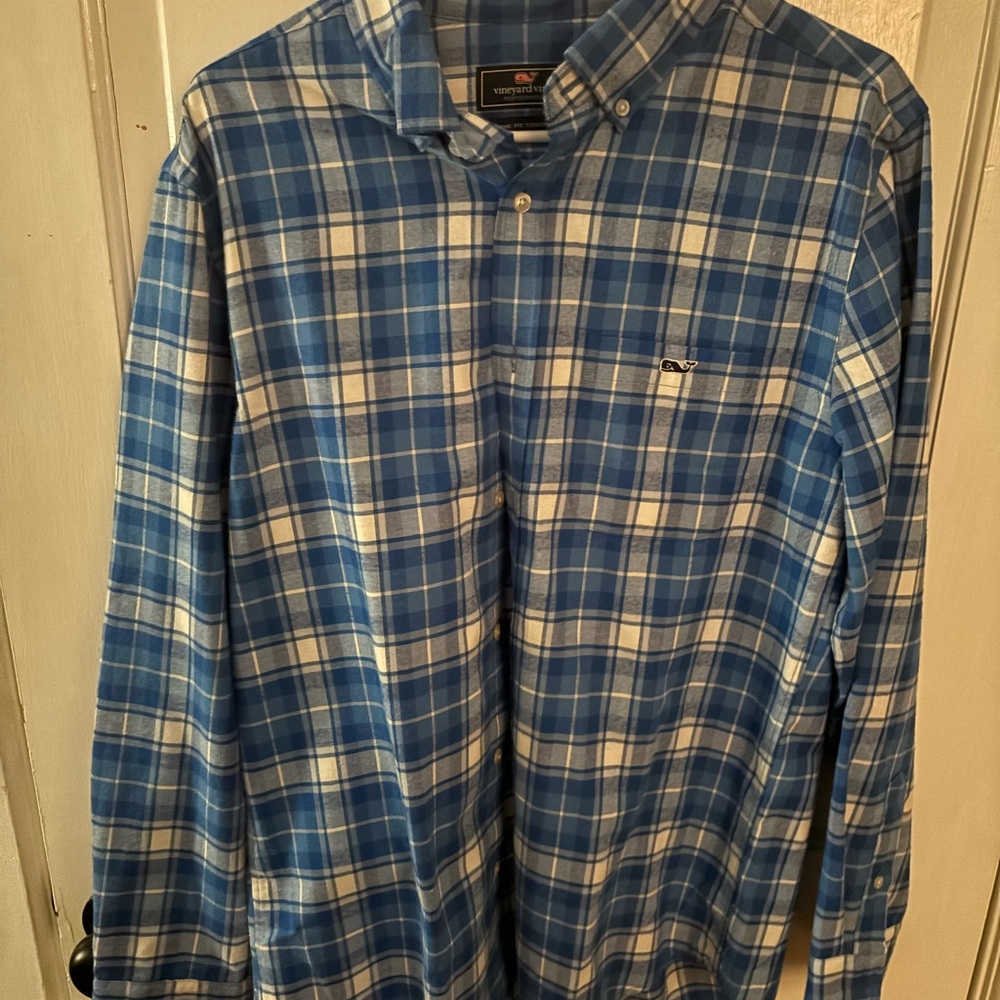 Vineyard Vines Blue and Cream Plaid Shirt